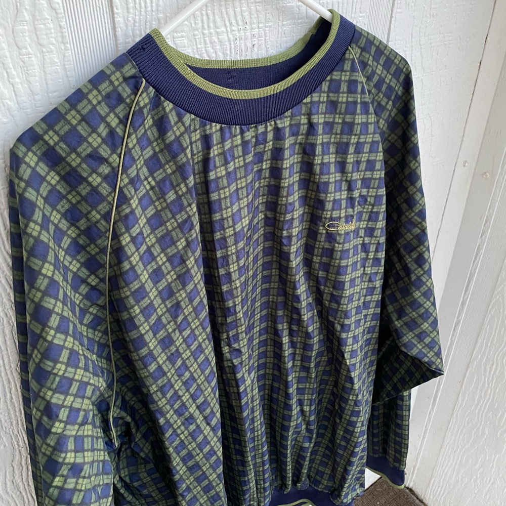 Catalina Nylon Navy Blue and Olive Green Plaid Vintage Windbreaker Size Large